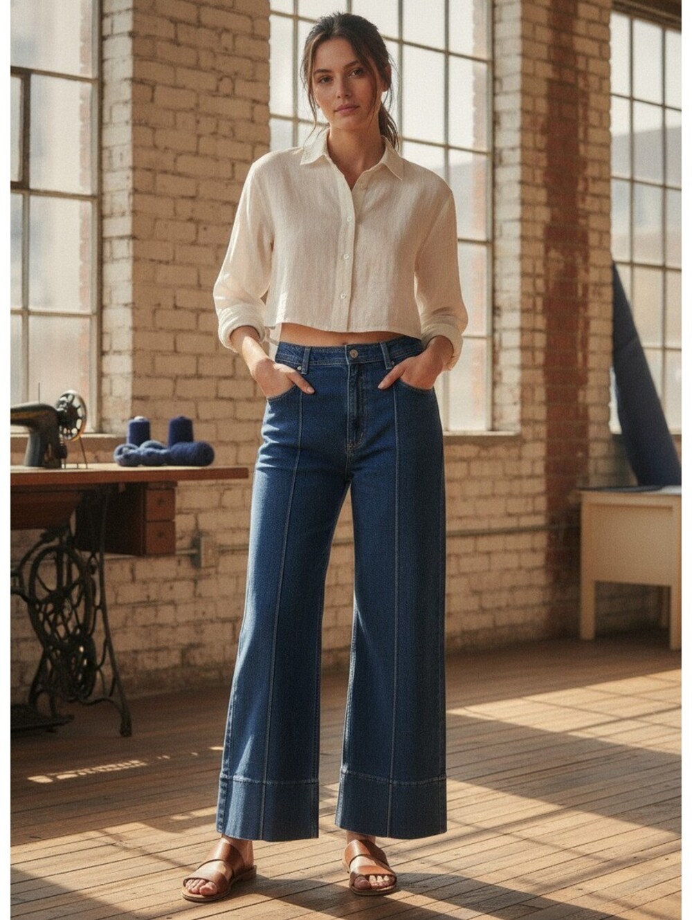 Pistola Penny Pintuck Wide Leg Jeans Country Club Blue High Rise Crop Crease 30